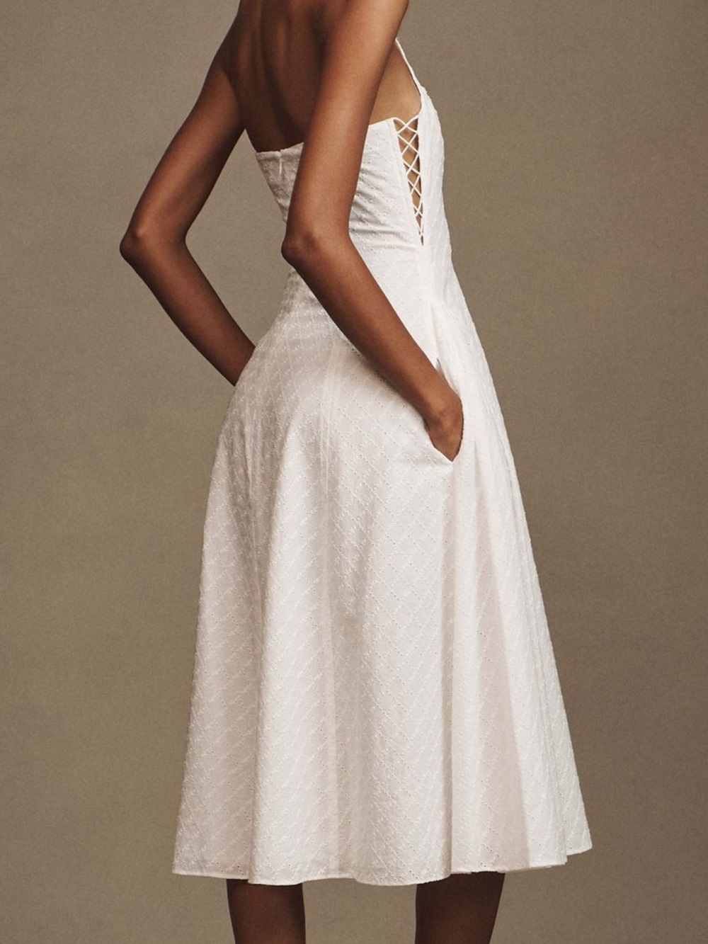 Mirror Palais White Halter Lace-Up Midi Sundress - Picture 6 of 6